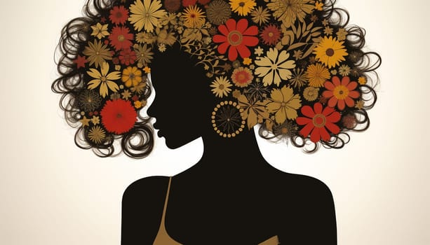 Afro African American woman with flowers in hair. Abstract woman portrait. American black skin girl with flower. Fashion illustration. Trendy modern minimalist design for wall art, beauty postcards, social media isolated white background