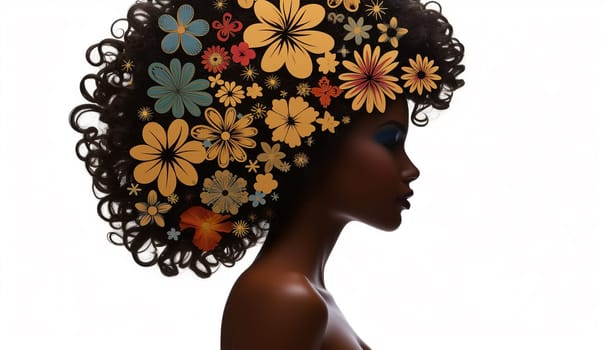 Afro African American woman with flowers in hair. Abstract woman portrait. American black skin girl with flower. Fashion illustration. Trendy modern minimalist design for wall art, beauty postcards, social media isolated white background