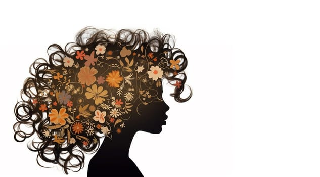 Afro African American woman with flowers in hair. Abstract woman portrait. American black skin girl with flower. Fashion illustration. Trendy modern minimalist design for wall art, beauty postcards, social media isolated white background
