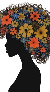 Afro African American woman with flowers in hair. Abstract woman portrait. American black skin girl with flower. Fashion illustration. Trendy modern minimalist design for wall art, beauty postcards, social media isolated white background