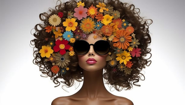 Afro African American woman with flowers in hair. Abstract woman portrait. American black skin girl with flower. Fashion illustration. Trendy modern minimalist design for wall art, beauty postcards, social media isolated white background