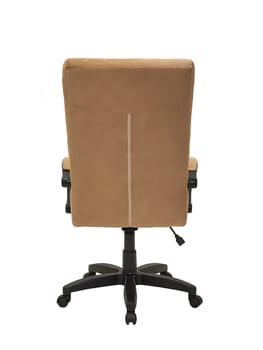beige office fabric armchair on wheels isolated on white background, back view. modern furniture, interior, home design