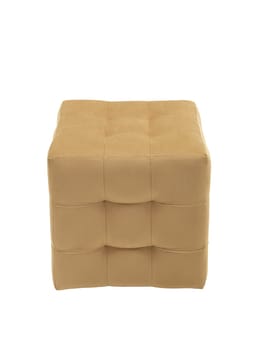 unusual modern beige cubic padded stool upholstered with soft fabric in strict style isolated on white background. creative approach to making furniture in shape of geometric figures