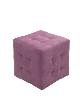 unusual modern purple cubic padded stool upholstered with soft fabric in strict style isolated on white background. creative approach to making furniture in shape of geometric figures