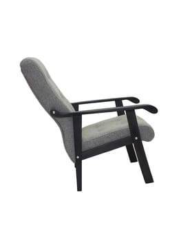 gray fabric armchair with wooden elbow and legs isolated on white background, side view. modern furniture, interior, home design in minimal style