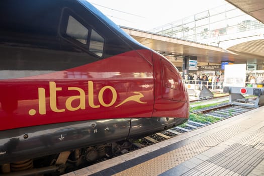 Rome, Italy: November 13, 2023: Italo high-speed train at the Rome Termini station in Rome in 2023 in Italy.