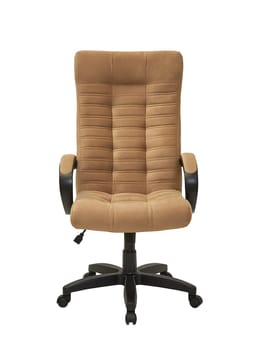 beige office fabric armchair on wheels isolated on white background, front view. modern furniture, interior, home design