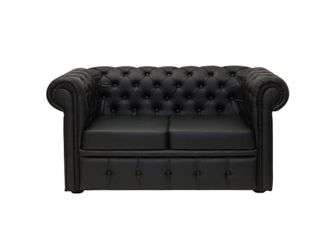 single black leather office sofa in retro style isolated on white background, front view. modern couch, furniture, interior, home design