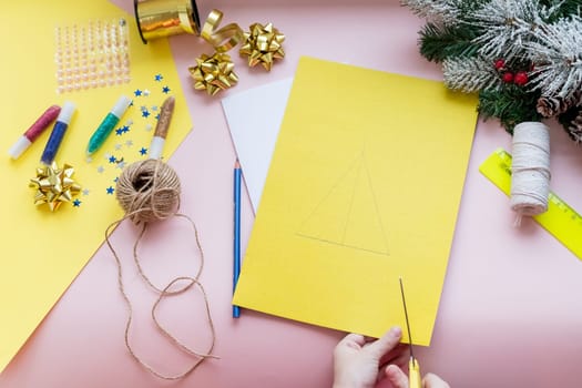 DIY concept. How to make Christmas card. New Year idea for children. Step-by-step photo instructions.