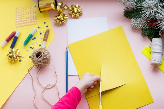 DIY concept. How to make Christmas card. New Year idea for children. Step-by-step photo instructions.