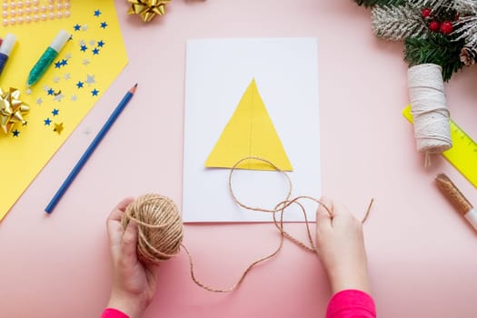 DIY concept. How to make Christmas card. New Year idea for children. Step-by-step photo instructions.