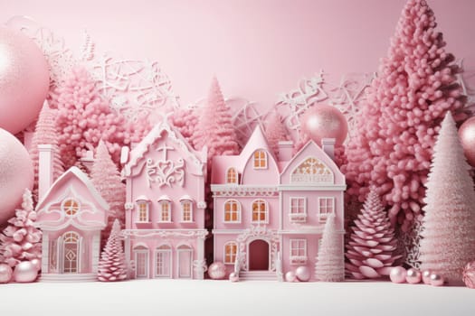 Christmas background with houses, fir trees, christmas balls in pink colors.