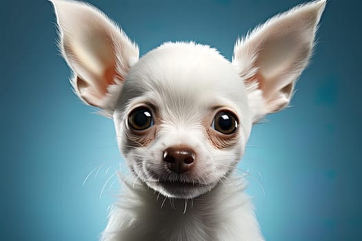 Portrait of a white chihuahua on a blue neutral background, cropped photo, studio light. Ai generative art