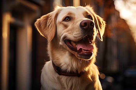 Portrait of a white Labrador retriever on a beige neutral background, cropped photo, natural light. Ai generative art