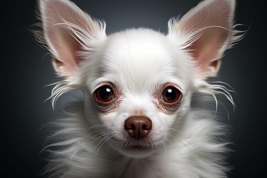 Portrait of a white chihuahua on a dark neutral background, cropped photo, studio light. Ai generative art
