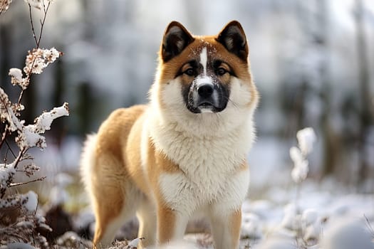 portrait of an American dog akita on the background of a winter forest, natural lighting, outdoors, warm filter, ai generative art