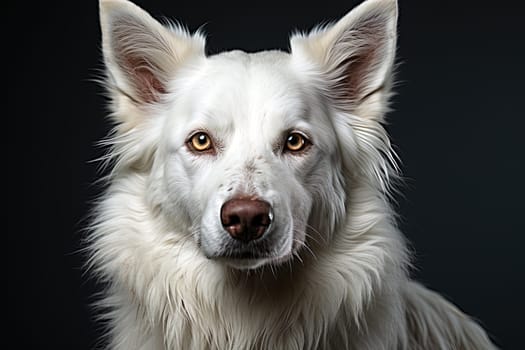 Portrait of white Swiss Shepherd dog on a black background,, close up photo, morning light. Ai generative art