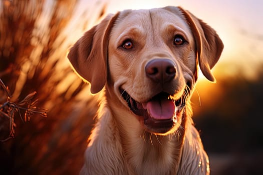 Portrait of a white Labrador retriever on a beige neutral background, cropped photo, natural light. Ai generative art