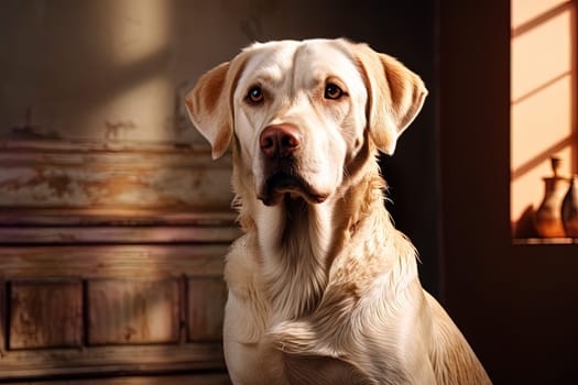 Portrait of a white Labrador retriever on a beige neutral background, cropped photo, natural light. Ai generative art