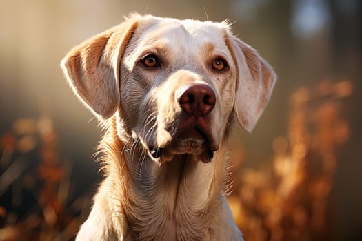 Portrait of a white Labrador retriever on a beige neutral background, cropped photo, natural light. Ai generative art
