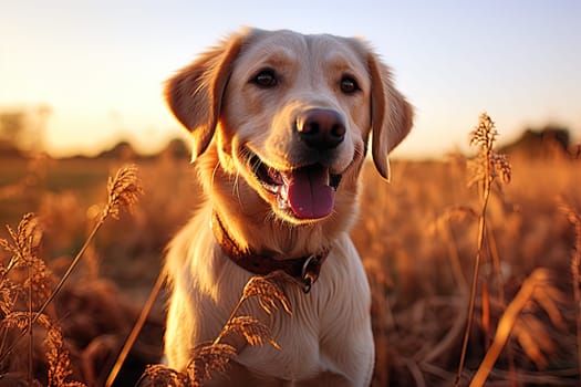 Portrait of a white Labrador retriever on a nature background, cropped photo, natural light. Ai generative art