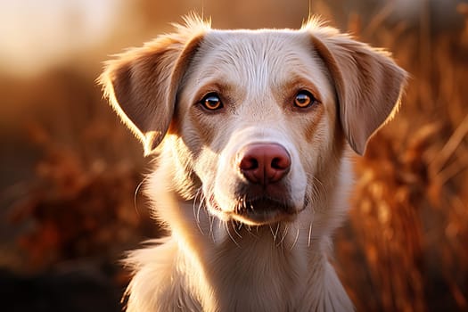 Portrait of a white Labrador retriever on a nature, cropped photo, natural light. Ai generative art