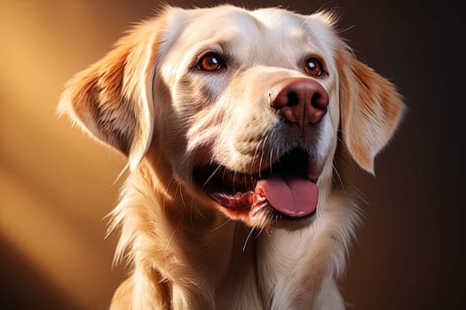 Portrait of a white Labrador retriever on a beige neutral background, cropped photo, natural light. Ai generative art