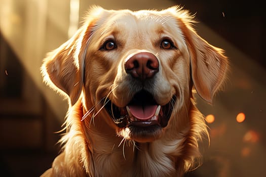 Portrait of a white Labrador retriever on a beige neutral background, cropped photo, natural light. Ai generative art
