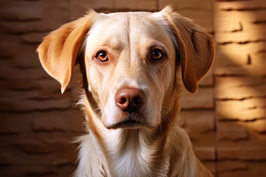 Portrait of a white Labrador retriever on a beige neutral background, cropped photo, natural light. Ai generative art