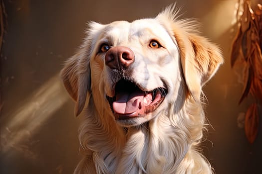 Portrait of a white Labrador retriever on a beige neutral background, cropped photo, natural light. Ai generative art