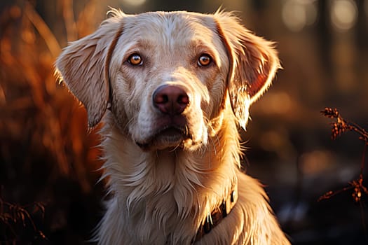 Portrait of a white Labrador retriever on a beige neutral background, cropped photo, natural light. Ai generative art