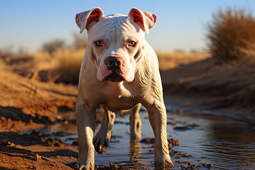 American Bulldog on a nature, close up photo, neutral light. Ai generative art