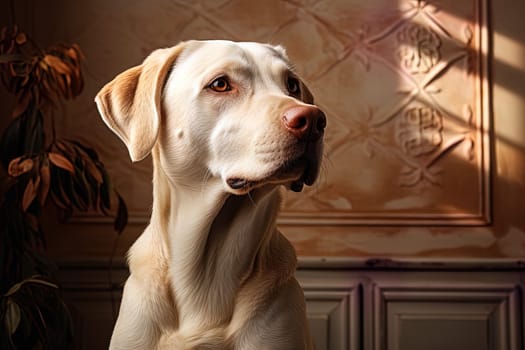 Portrait of a white Labrador retriever on a beige neutral background, cropped photo, natural light. Ai generative art
