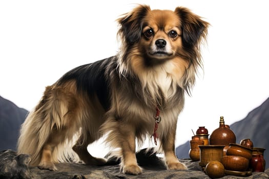 Portrait of Tibetan Spaniel on a white background, close up cropped photo. Ai generative art