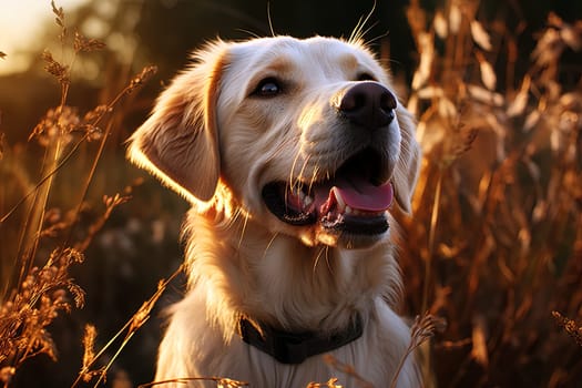 Portrait of a white Labrador retriever on a beige neutral background, cropped photo, natural light. Ai generative art