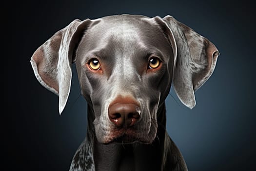 Portrait of Weimaraner cardigan on a dark black background, close up cropped photo. Ai generative art