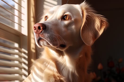 Portrait of a white Labrador retriever on a beige neutral background, cropped photo, natural light. Ai generative art