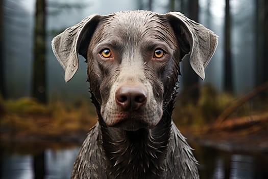 Portrait of Weimaraner cardigan on a nature background, close up cropped photo. Ai generative art