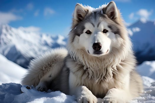 Alaskan Malamute on background of snow-covered forest Close-up photo, natural natural light. Ai generative art