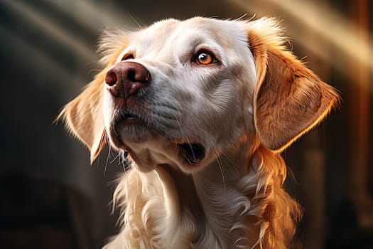 Portrait of a white Labrador retriever on a beige neutral background, cropped photo, natural light. Ai generative art