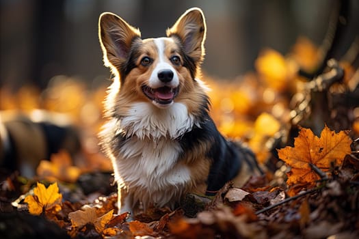 Portrait of Welsh Corgi cardigan on a autumn nature close up cropped photo. Ai generative art