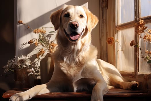 Portrait of a white Labrador retriever on a beige neutral background, cropped photo, natural light. Ai generative art