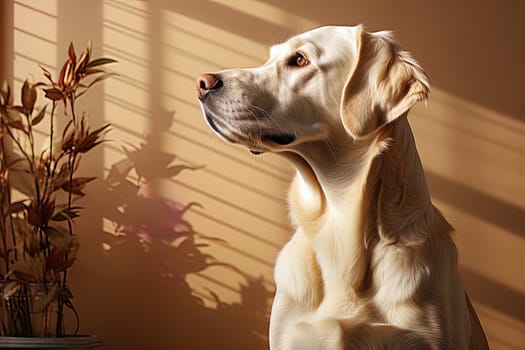 Portrait of a white Labrador retriever on a beige neutral background, cropped photo, natural light. Ai generative art