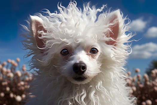 Portrait of white poodle, close up photo, studio photo. Ai generative art