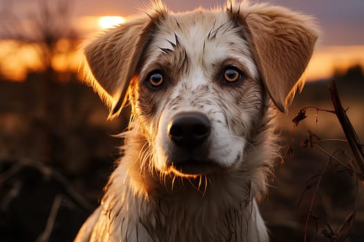 Portrait of a white Labrador retriever on a nature background, cropped photo, natural light. Ai generative art