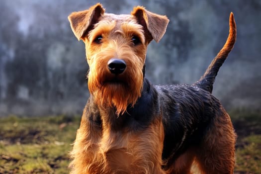 Portrait of Welsh Terrier on a nature, close up cropped photo. Ai generative art