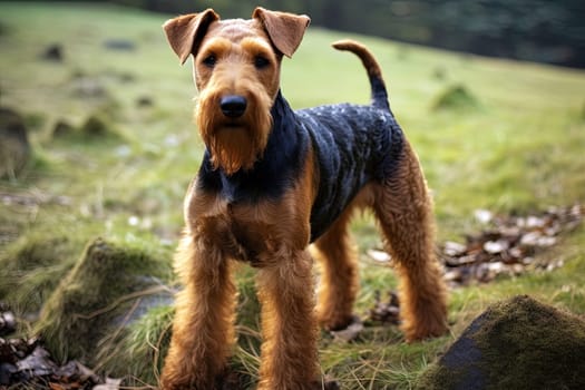 Portrait of Welsh Terrier on a nature, close up cropped photo. Ai generative art