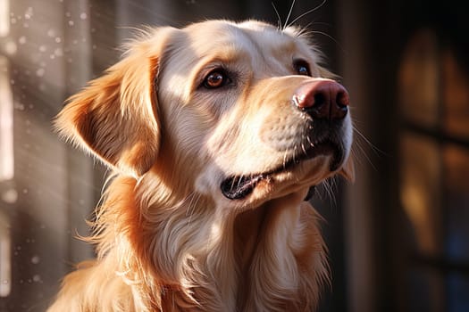 Portrait of a white Labrador retriever on a beige neutral background, cropped photo, natural light. Ai generative art