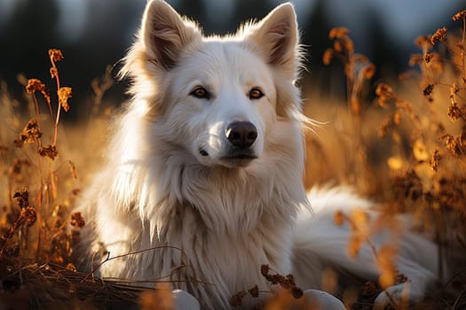 Portrait of white Swiss Shepherd dog on a nature, close up photo, morning light. Ai generative art