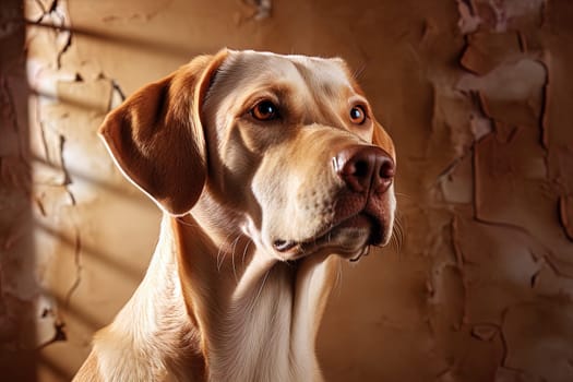 Portrait of a white Labrador retriever on a beige neutral background, cropped photo, natural light. Ai generative art
